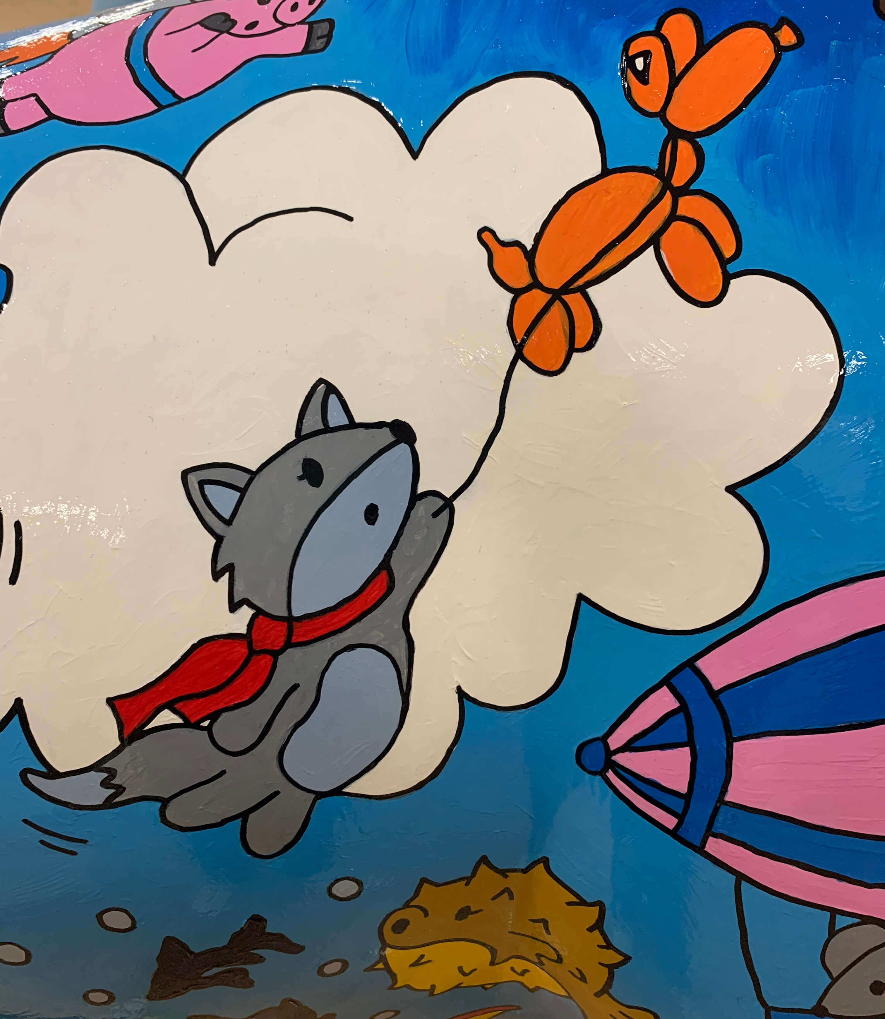 an illustration of a wolf being carried through the sky by a balloon dog