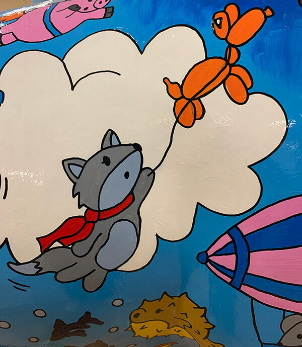 an illustration of a wolf being carried through the sky by a balloon dog
