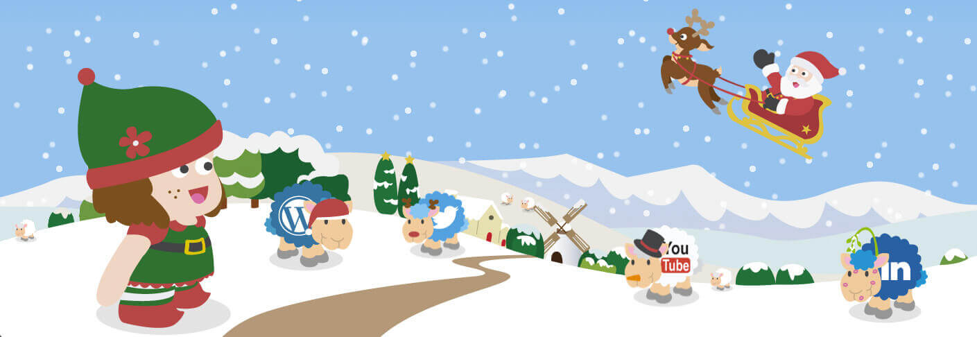 a christmas scene with an elf and some sheep dressed up as reindeer