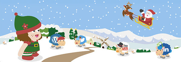 a christmas scene with an elf and some sheep dressed up as reindeer